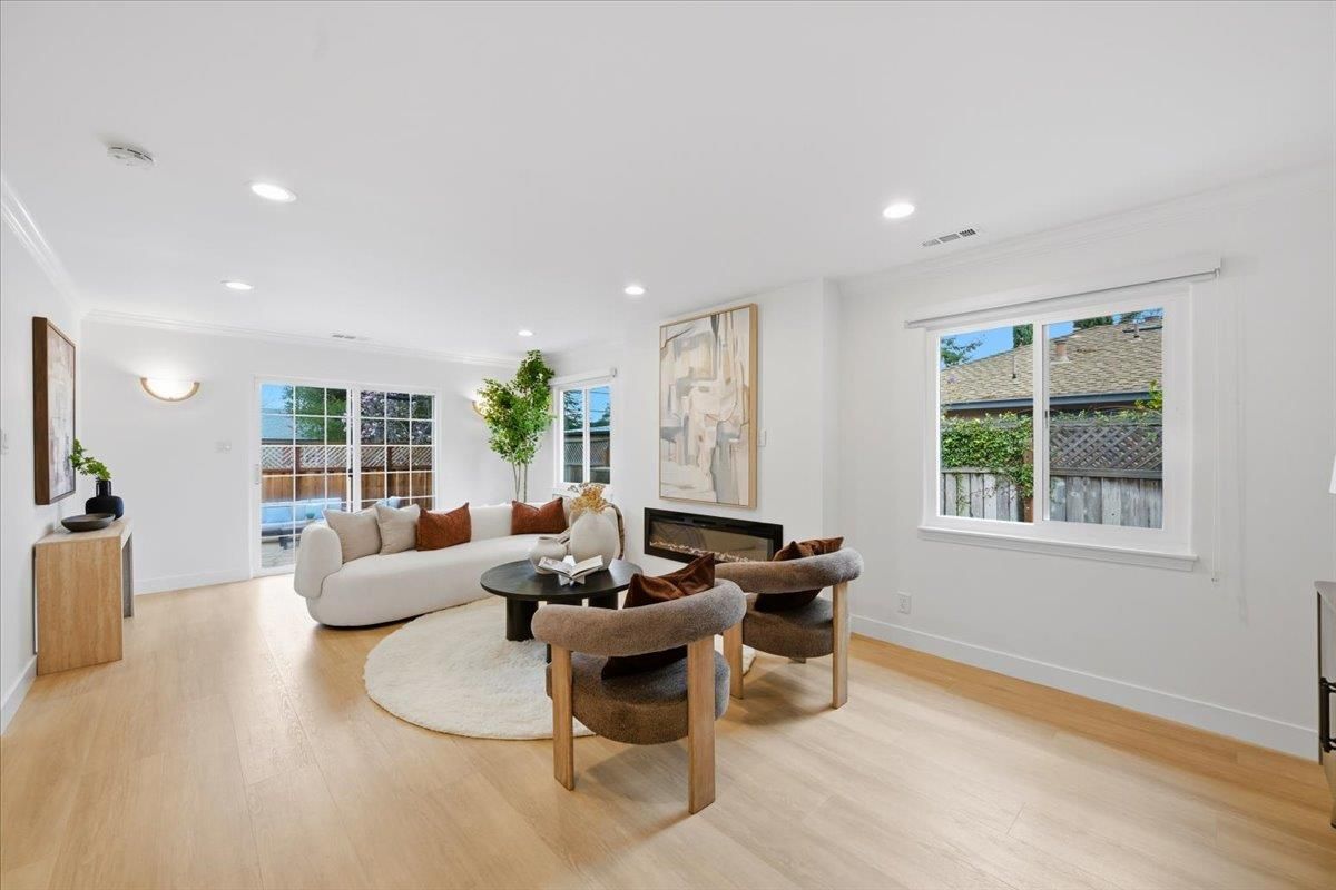 Fireplace, Interior, Living room, Recessed Lighting, Wood Texture Flooring