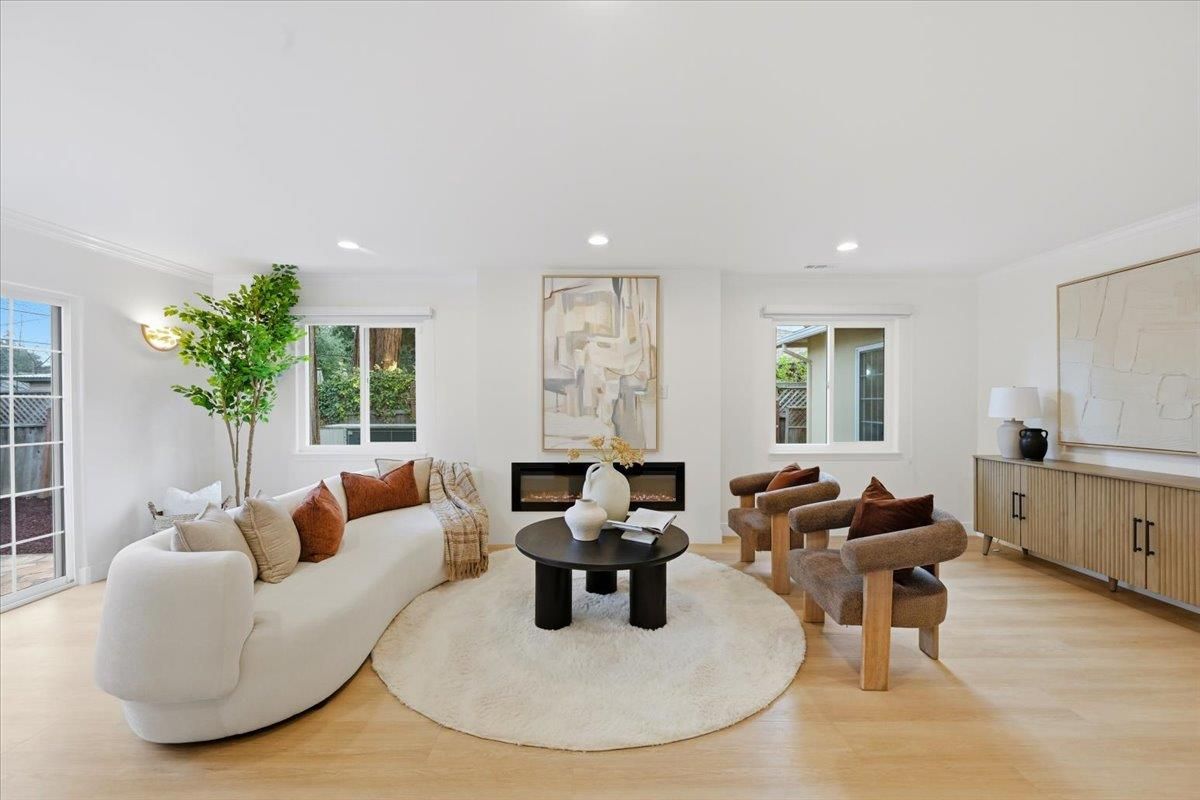 Fireplace, Interior, Living room, Recessed Lighting, Wood Texture Flooring