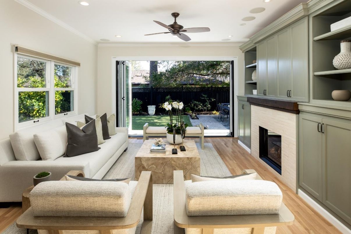 Fireplace, Interior, Living room, Recessed Lighting, Wood Texture Flooring