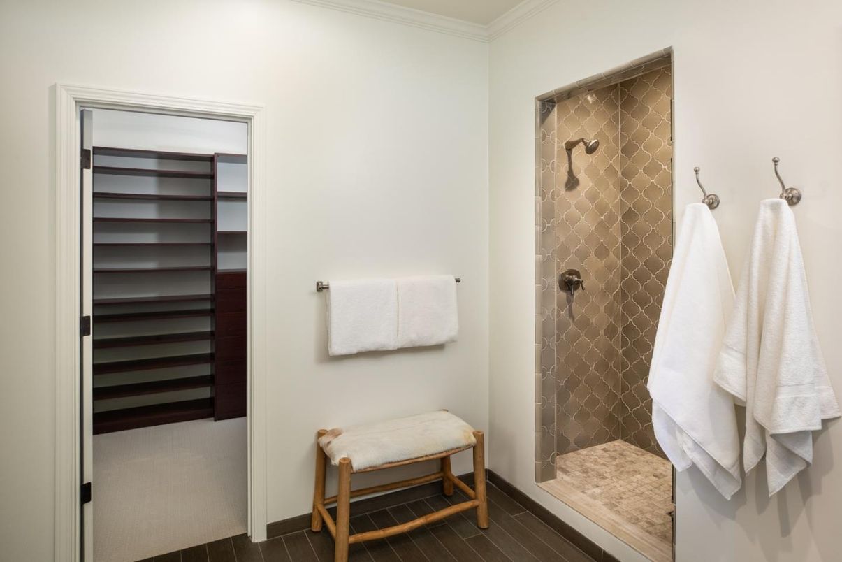 Bathroom, Glass Shower, Interior, Wood Texture Flooring