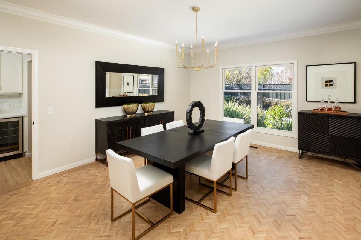 Dining room, Interior, Pendant Lights, Wood Texture Flooring