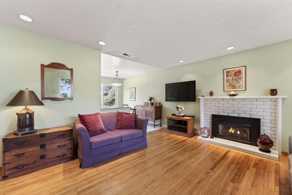 Fireplace, Interior, Pendant Lights, Recessed Lighting, Wood Texture Flooring