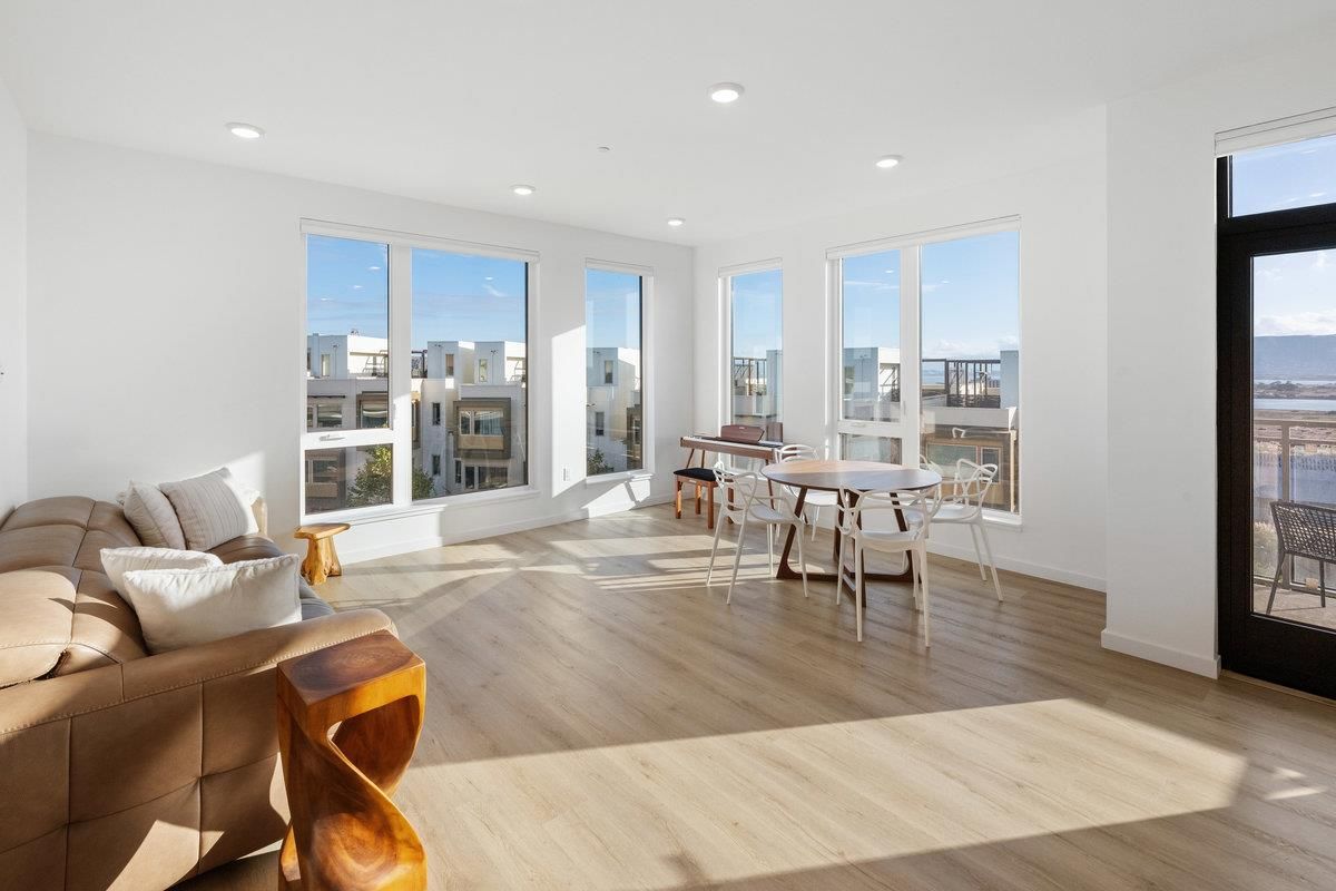 Dining room, Interior, Living room, Recessed Lighting, Water, Wood Texture Flooring