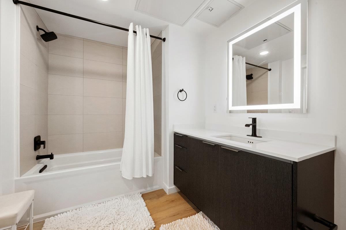 Bathroom, Interior, Recessed Lighting, Wood Texture Flooring