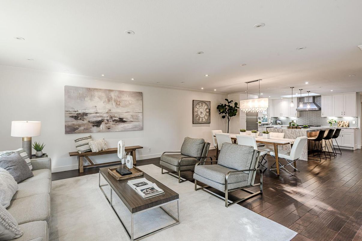 Dining room, Interior, Kitchen, Living room, Pendant Lights, Recessed Lighting, Wood Texture Flooring
