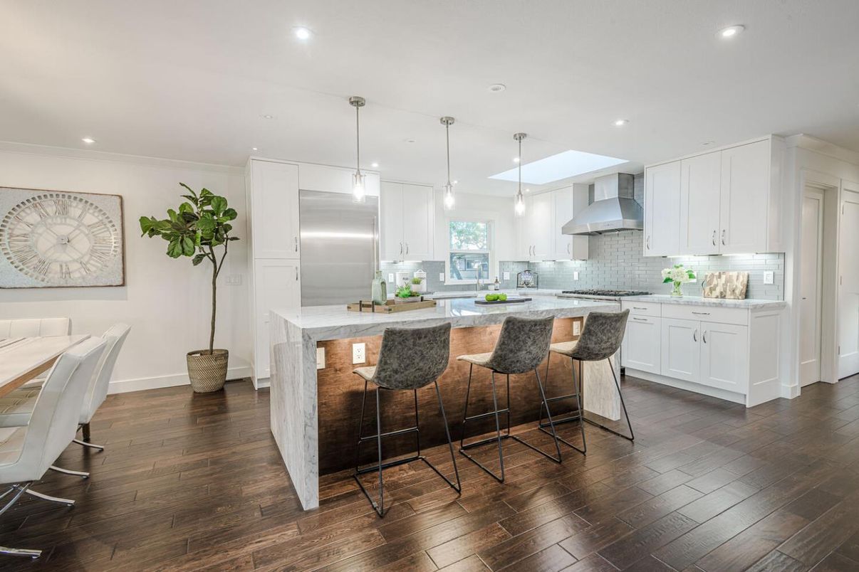Interior, Kitchen, Pendant Lights, Recessed Lighting, Stainless Steel Appliances, Wood Texture Flooring