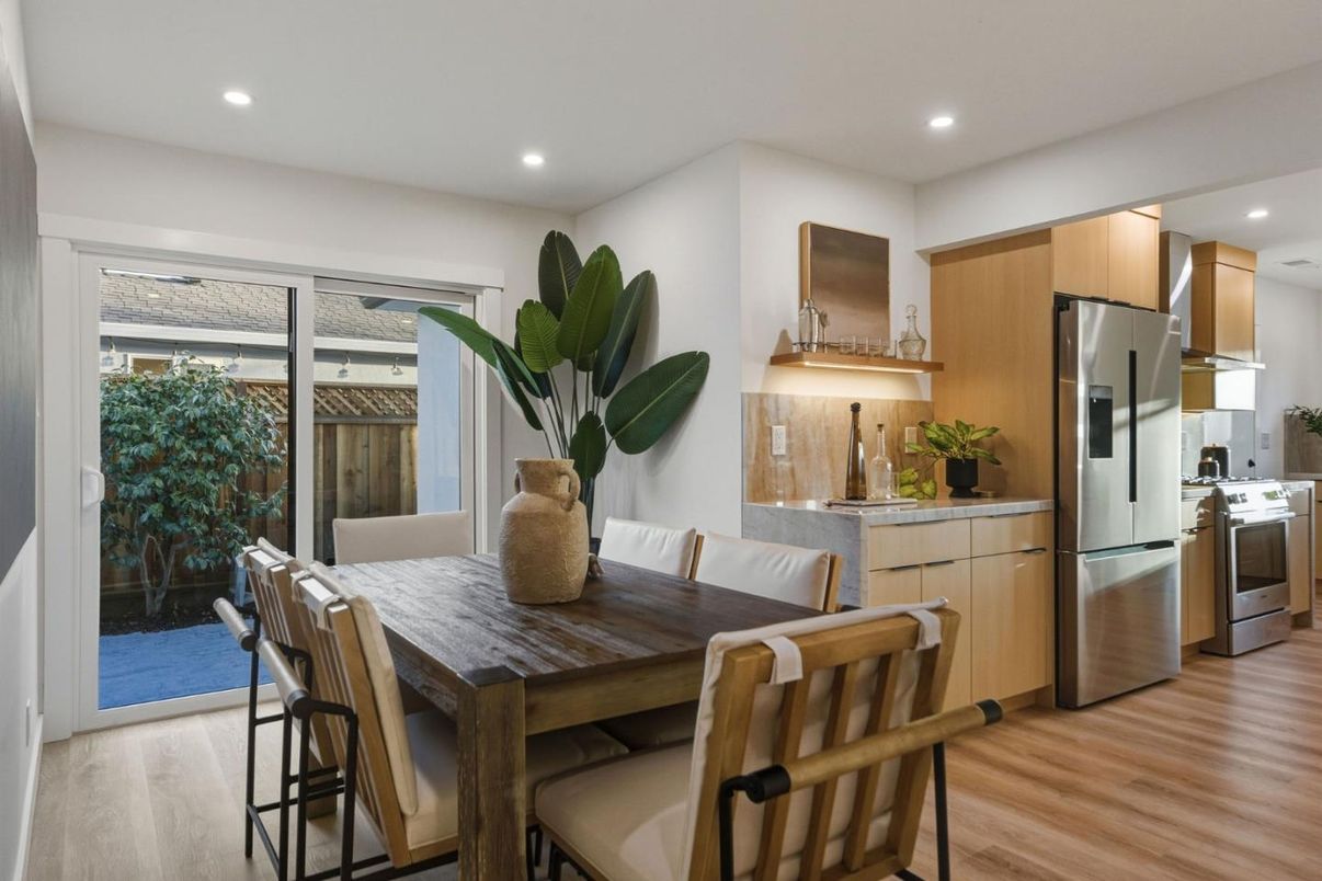 Dining room, Interior, Kitchen, Recessed Lighting, Stainless Steel Appliances, Wood Texture Flooring