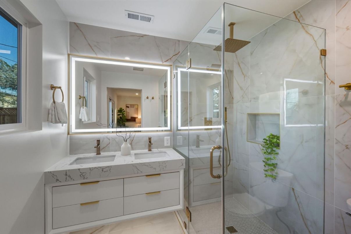 Bathroom, Glass Shower, Interior, Marble Walls, Recessed Lighting
