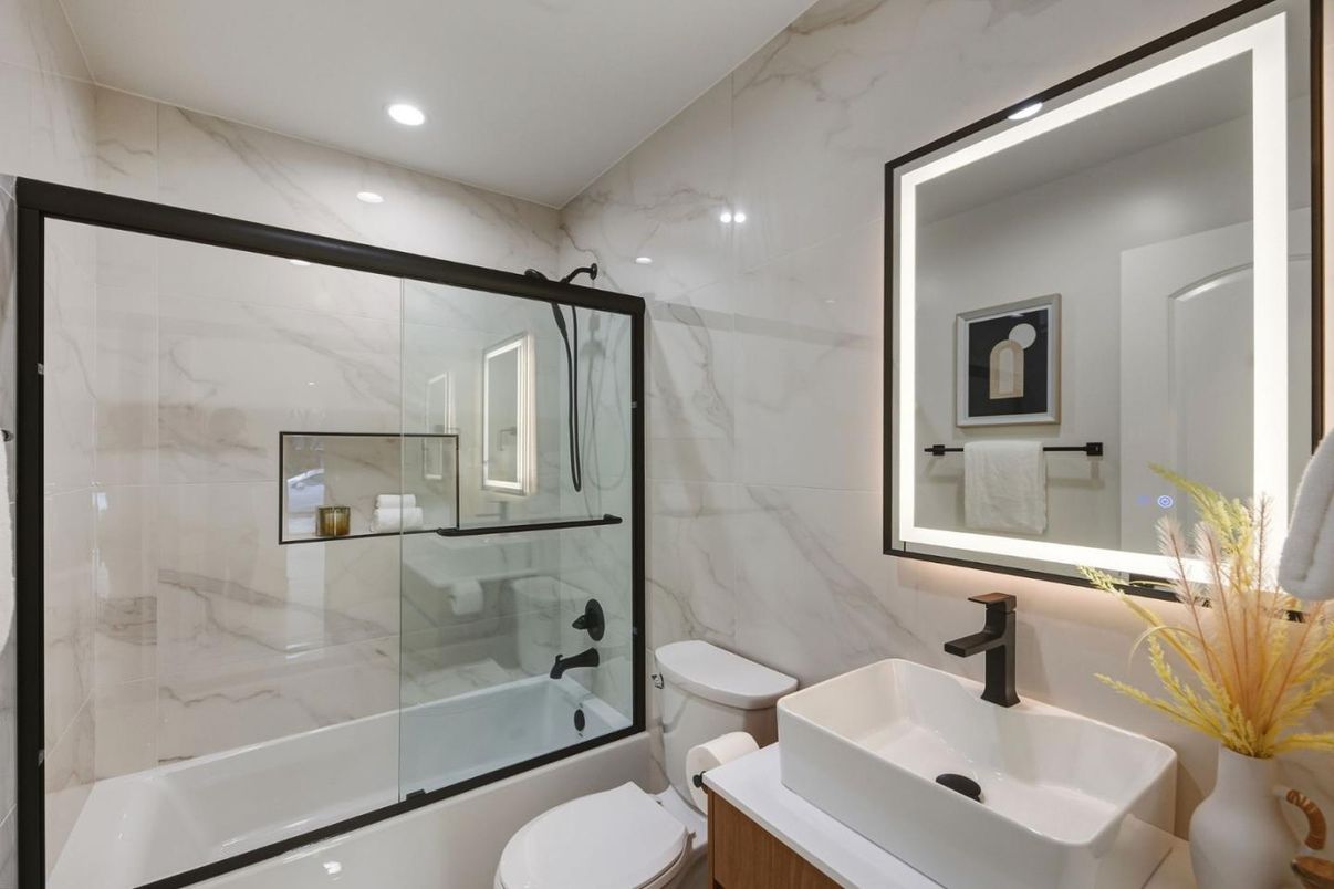 Bathroom, Glass Shower, Interior, Marble Walls, Recessed Lighting