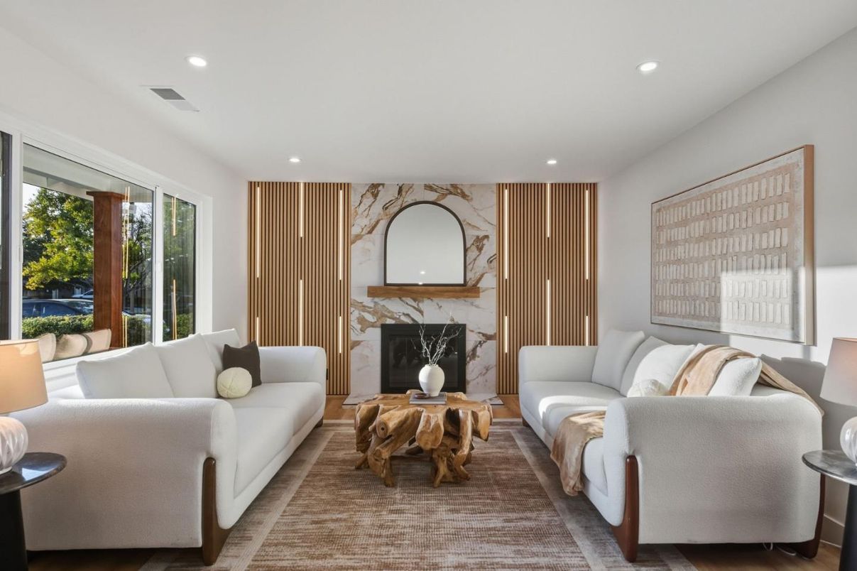 Fireplace, Interior, Living room, Recessed Lighting, Wood Texture Flooring