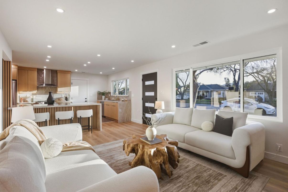 Dining room, Interior, Kitchen, Living room, Recessed Lighting, Wood Texture Flooring