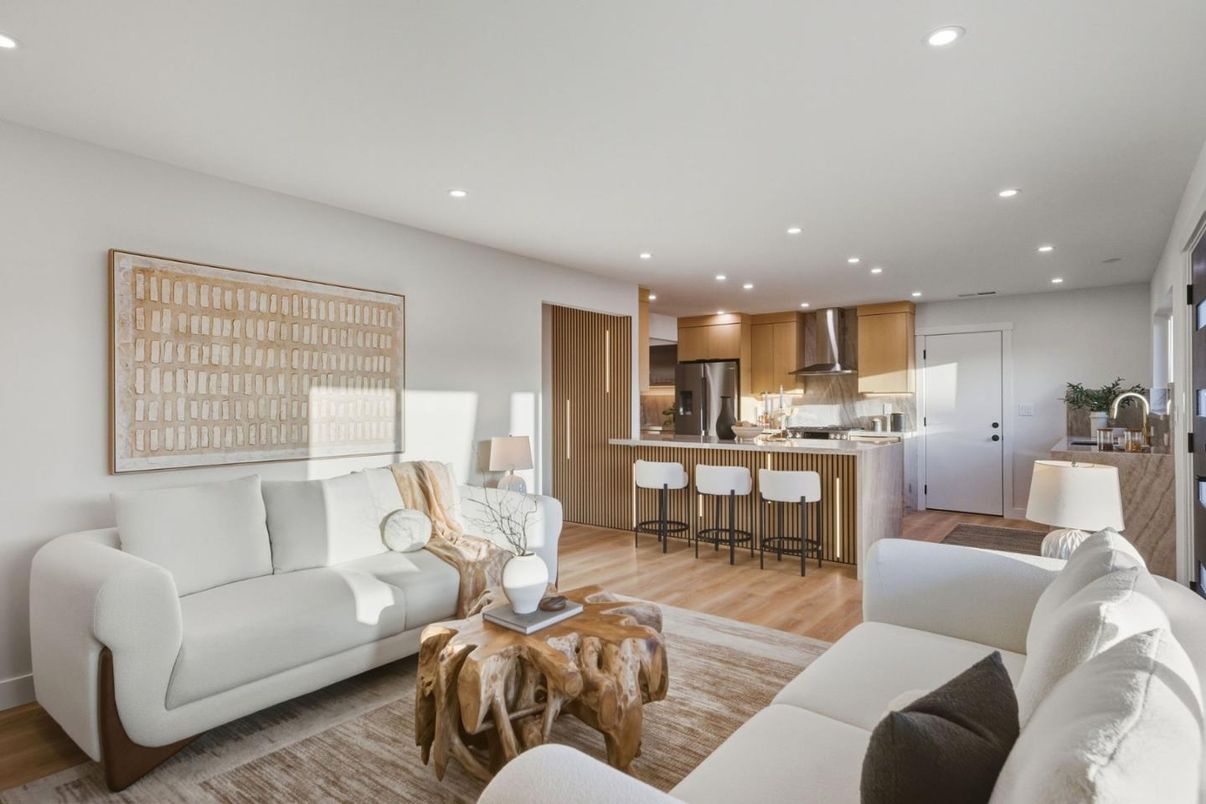 Interior, Kitchen, Living room, Recessed Lighting, Stainless Steel Appliances, Wood Texture Flooring