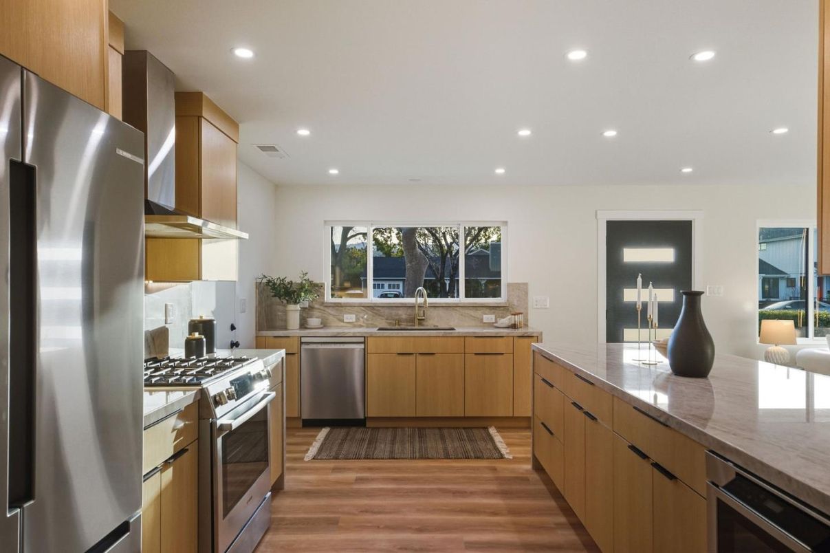 Interior, Kitchen, Recessed Lighting, Stainless Steel Appliances, Wood Texture Flooring