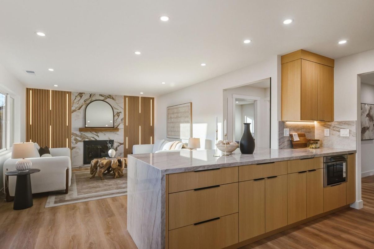 Fireplace, Interior, Kitchen, Living room, Recessed Lighting, Wood Texture Flooring