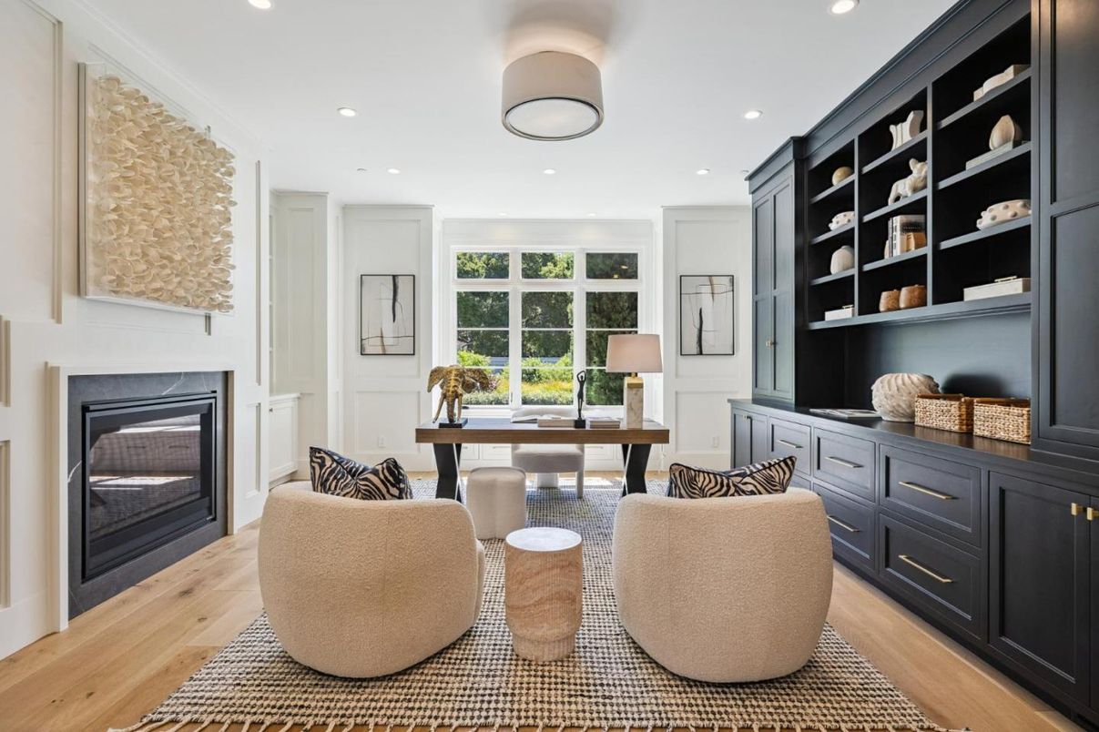 Fireplace, Home Office, Interior, Recessed Lighting, Wood Texture Flooring