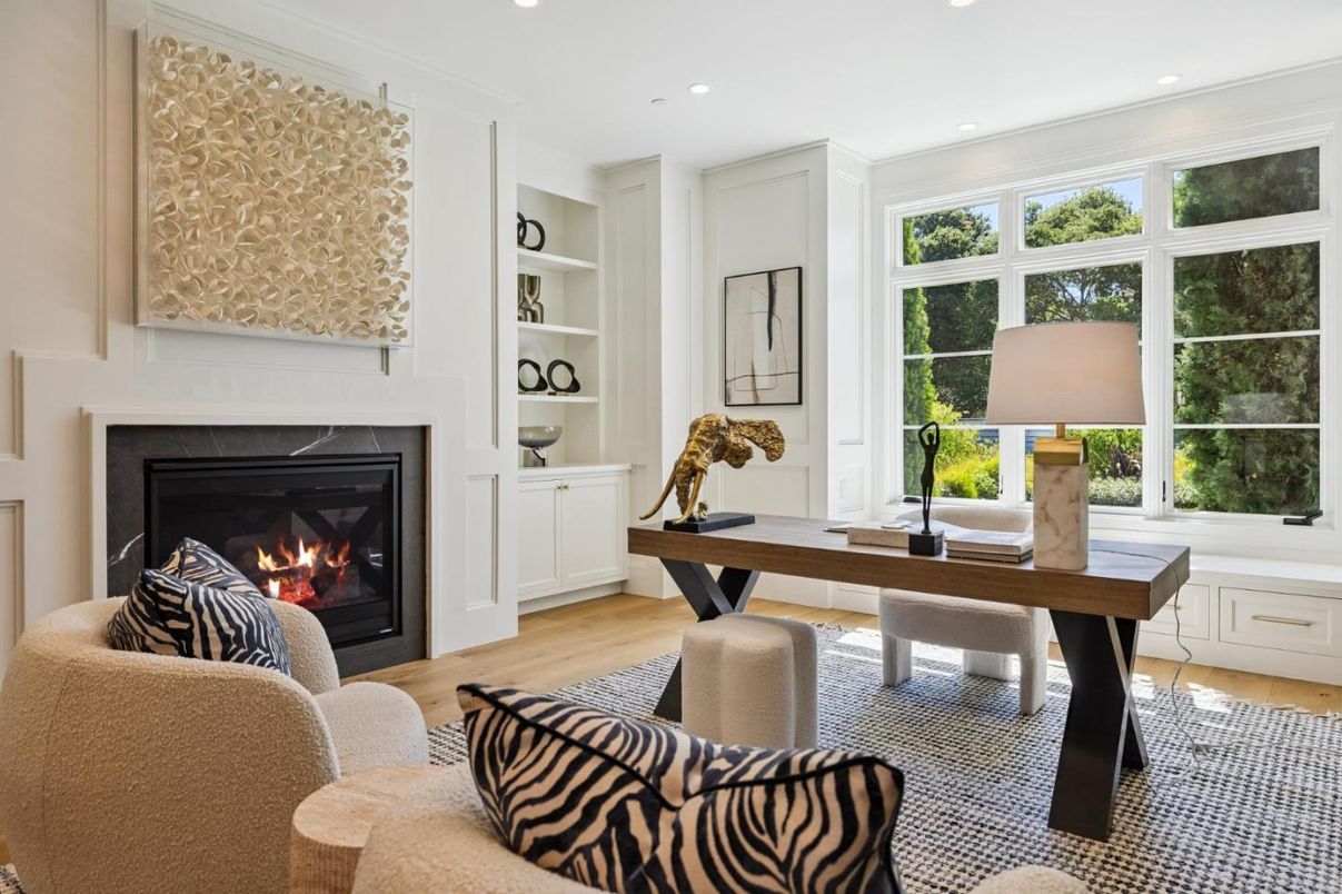 Fireplace, Home Office, Interior, Recessed Lighting, Wood Texture Flooring