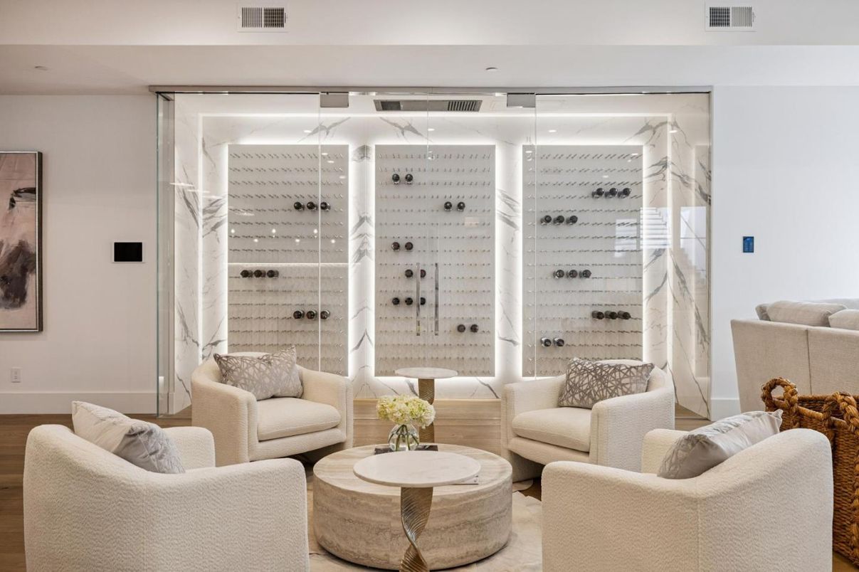 Interior, Living room, Recessed Lighting, Wine Storage, Wood Texture Flooring