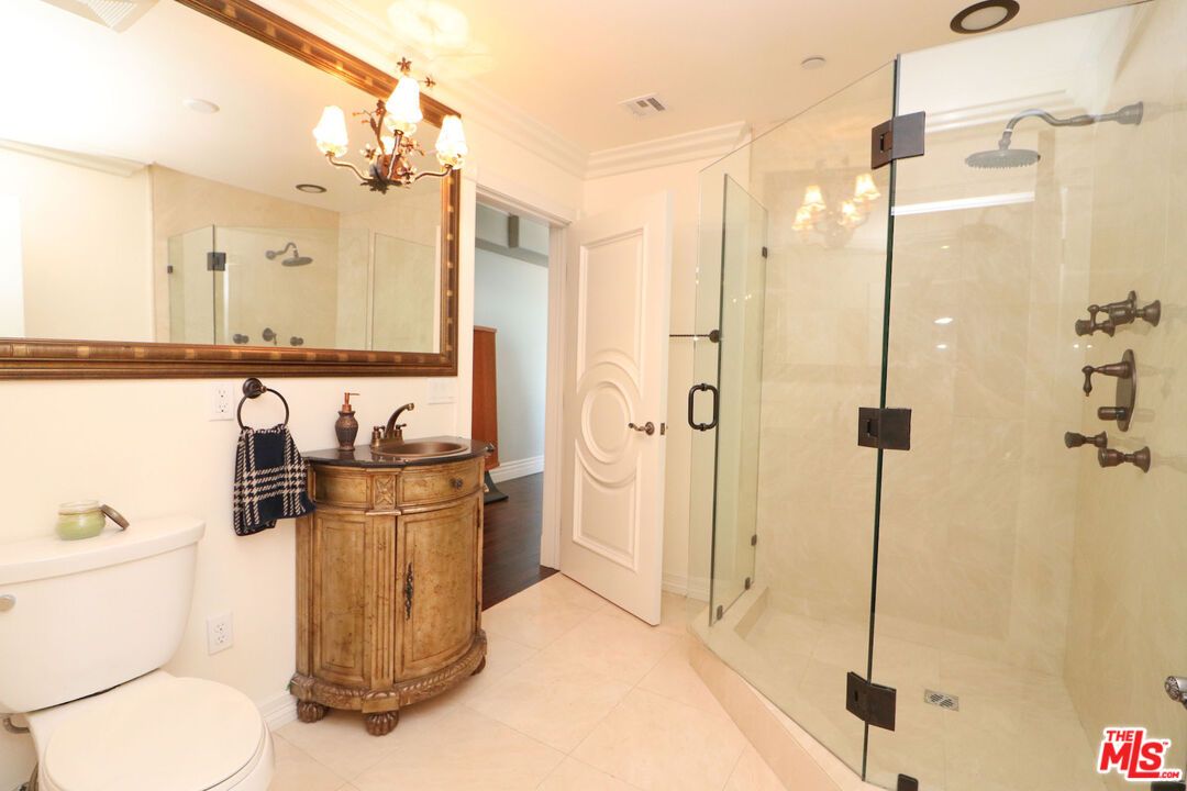Bathroom, Chandelier, Glass Shower, Interior, Recessed Lighting