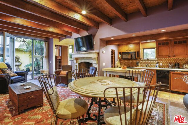 Dining room, Fireplace, Interior, Kitchen, Living room, Recessed Lighting, Stainless Steel Appliances, Wooden Beams, Wooden Ceilings