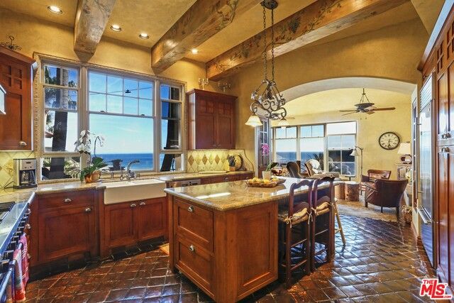 Chandelier, Dining room, Interior, Kitchen, Pendant Lights, Recessed Lighting, Water, Wooden Beams