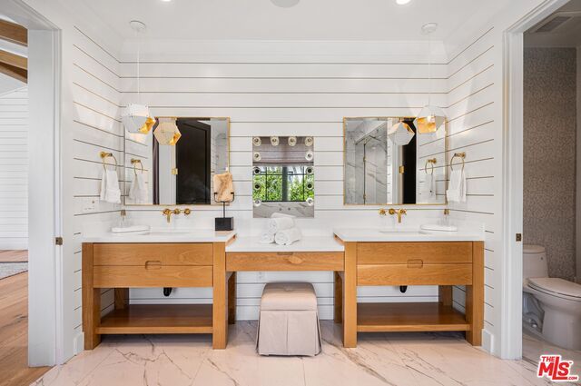 Bathroom, Dual Sink Vanities, Interior, Marble, Recessed Lighting, Wood Texture Flooring