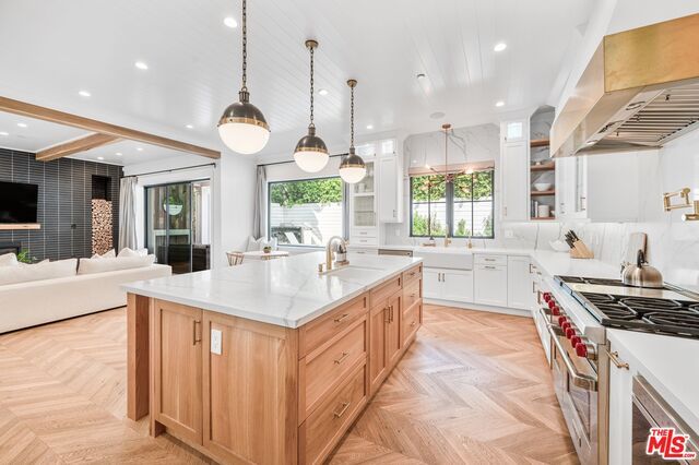 Fireplace, Interior, Kitchen, Living room, Pendant Lights, Recessed Lighting, Stainless Steel Appliances, Wooden Beams, Wood Texture Flooring