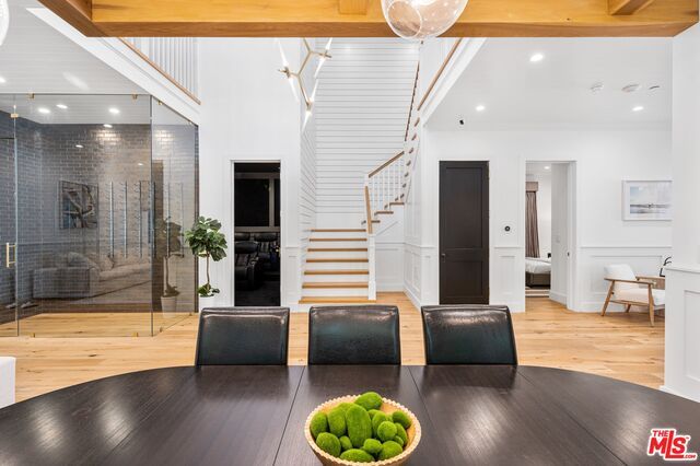Dining room, Interior, Pendant Lights, Recessed Lighting, Wooden Beams, Wood Texture Flooring