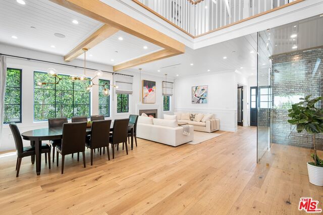 Dining room, Interior, Living room, Pendant Lights, Recessed Lighting, Wooden Beams, Wood Texture Flooring