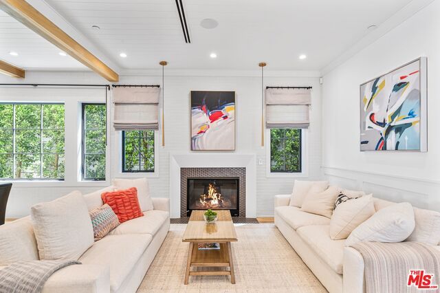 Fireplace, Interior, Living room, Pendant Lights, Recessed Lighting, Wooden Beams