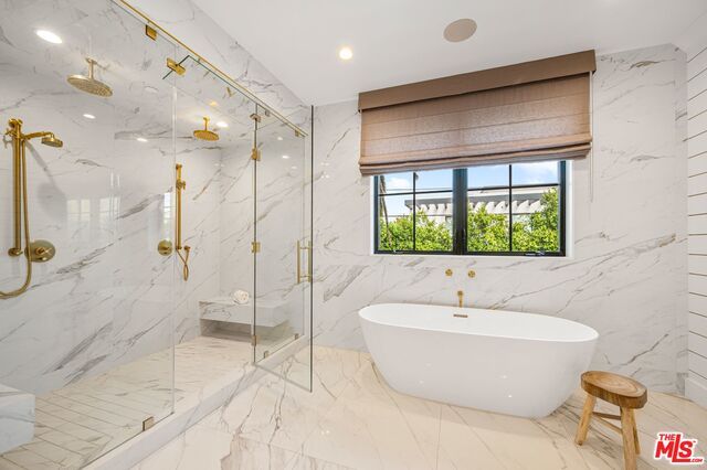 Bathroom, Free Standing Baths, Glass Shower, Interior, Marble, Marble Walls, Recessed Lighting