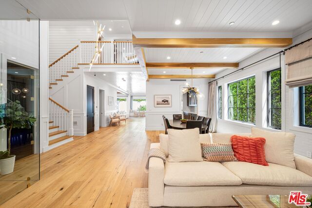 Chandelier, Dining room, Interior, Living room, Pendant Lights, Recessed Lighting, Wooden Beams, Wood Texture Flooring