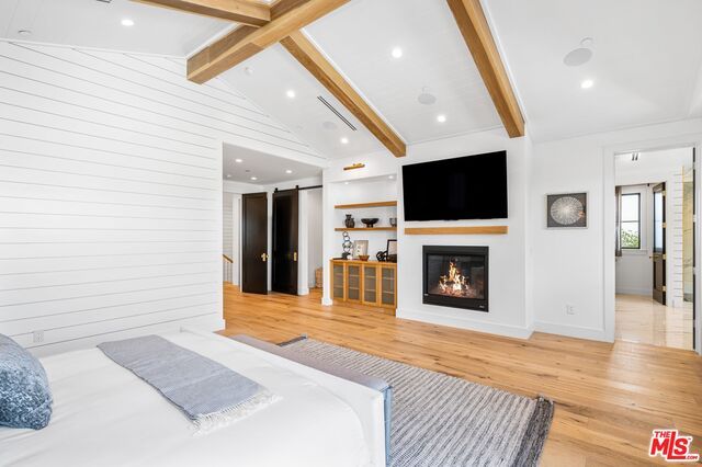 Bedroom, Fireplace, Interior, Recessed Lighting, Wooden Beams, Wood Texture Flooring