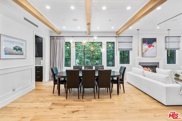 Dining room, Fireplace, Interior, Living room, Pendant Lights, Recessed Lighting, Wooden Beams, Wood Texture Flooring