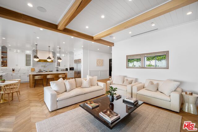 Interior, Kitchen, Living room, Pendant Lights, Recessed Lighting, Stainless Steel Appliances, Wooden Beams, Wood Texture Flooring