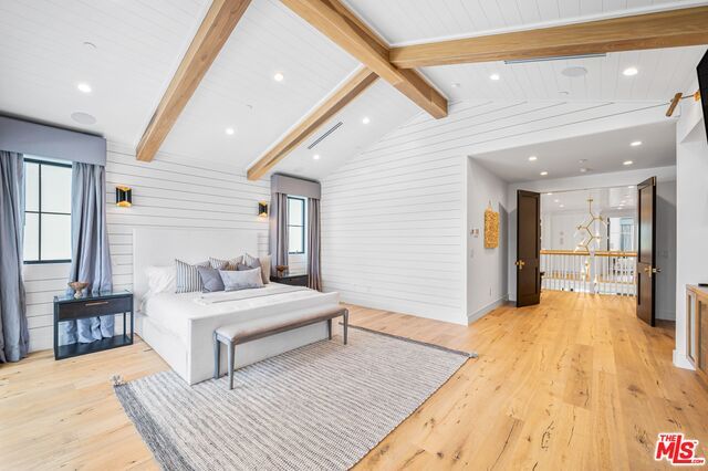 Bedroom, Interior, Recessed Lighting, Wooden Beams, Wood Texture Flooring