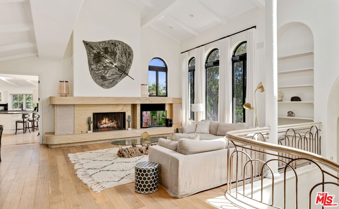 Dining room, Fireplace, Interior, Living room, Recessed Lighting, Wood Texture Flooring