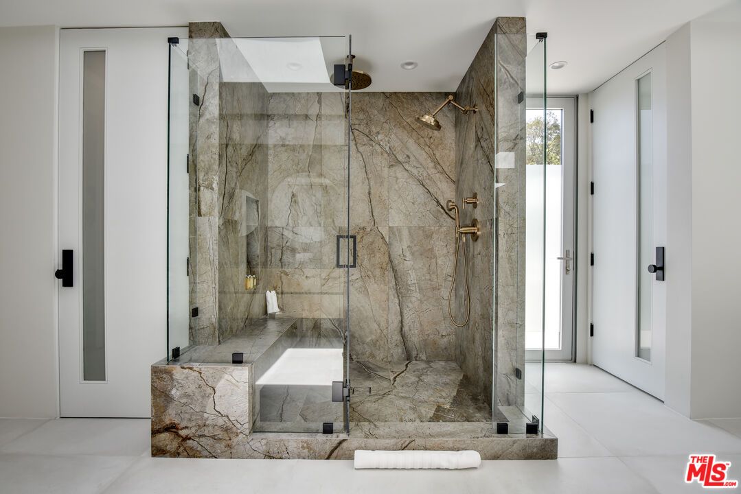 Bathroom, Glass Shower, Interior, Marble Walls, Recessed Lighting
