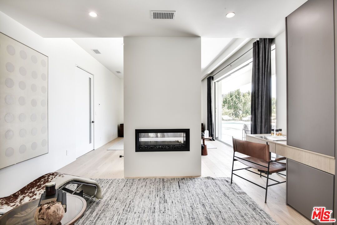 Fireplace, Home Office, Interior, Recessed Lighting, Wood Texture Flooring