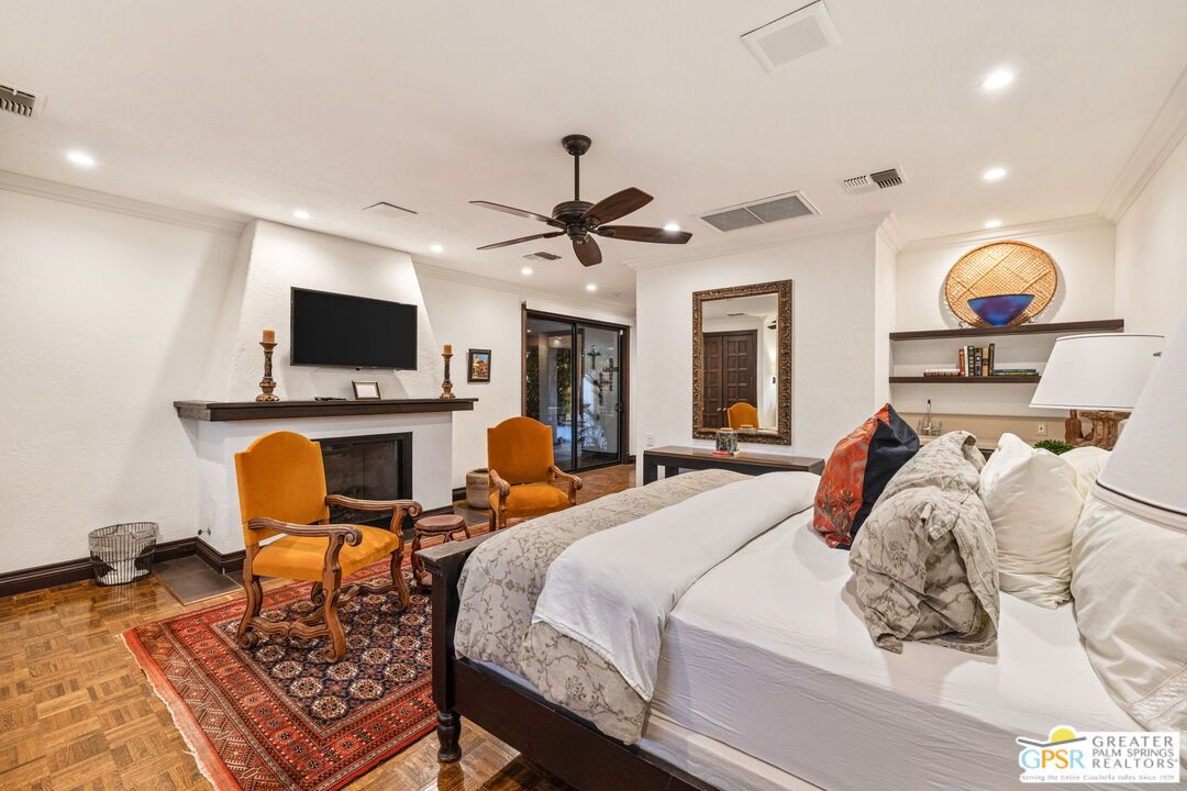 Bedroom, Fireplace, Interior, Recessed Lighting, Wood Texture Flooring