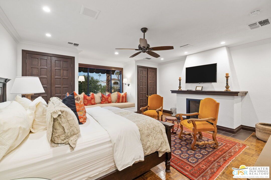 Bedroom, Fireplace, Interior, Recessed Lighting, Wood Texture Flooring