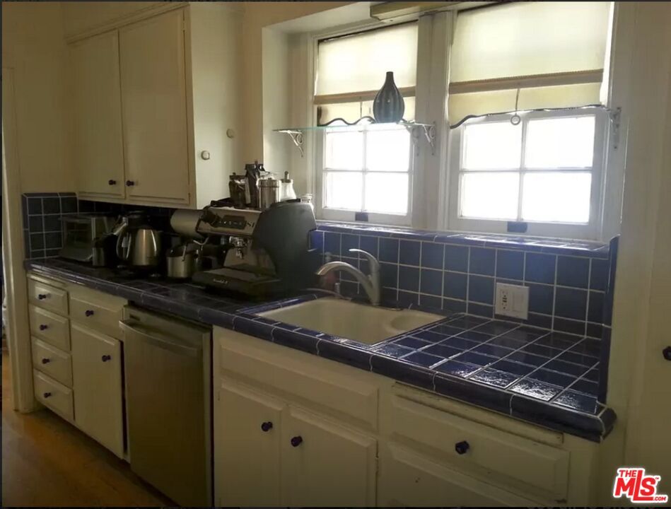 Interior, Kitchen, Tile Countertops, Wood Texture Flooring