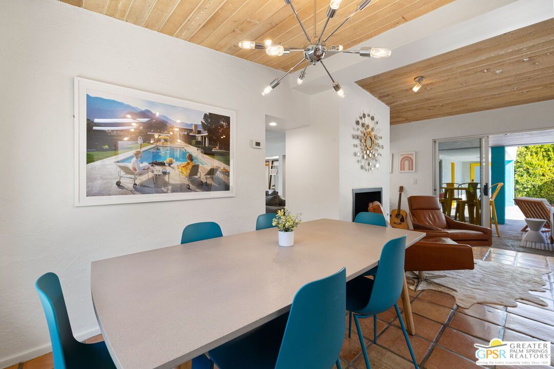 Dining room, Fireplace, Interior, Pendant Lights, Wooden Ceilings