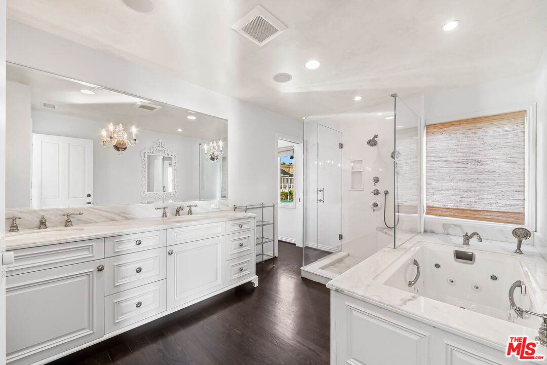 Bathroom, Chandelier, Dual Sink Vanities, Glass Shower, Interior, Recessed Lighting, Wood Texture Flooring
