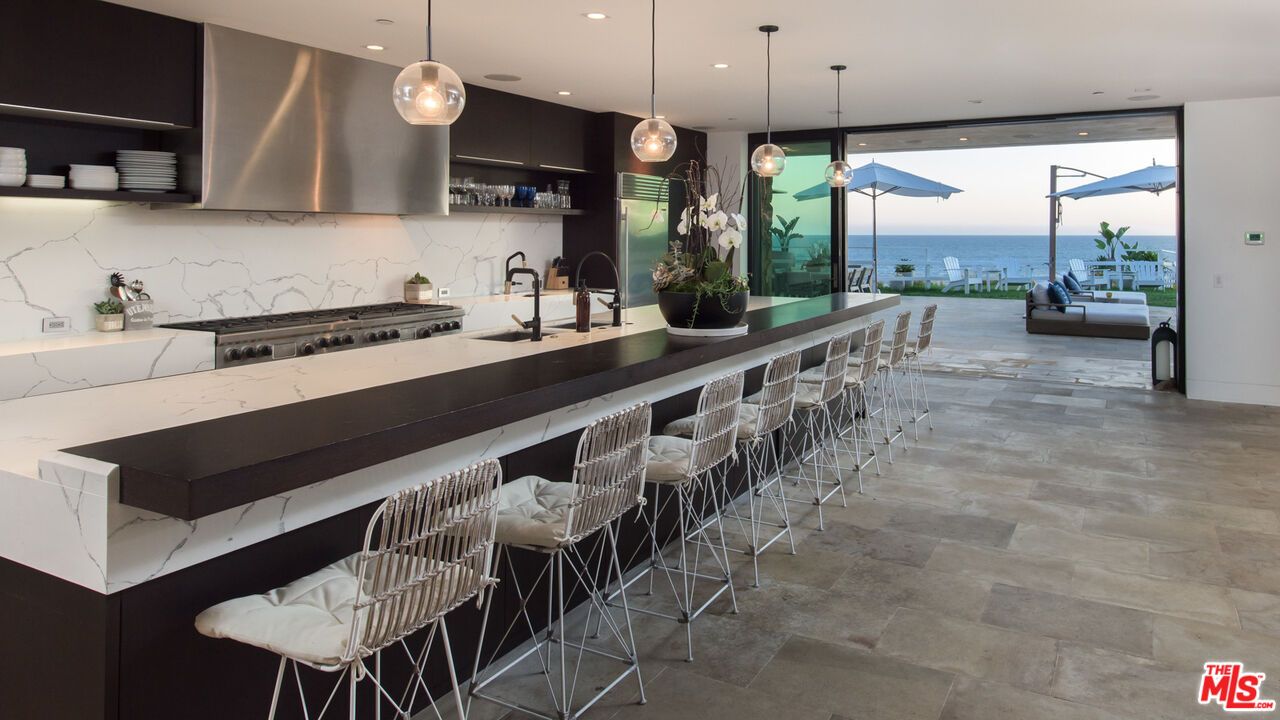 Interior, Kitchen, Marble Walls, Pendant Lights, Recessed Lighting, Stainless Steel Appliances, Water