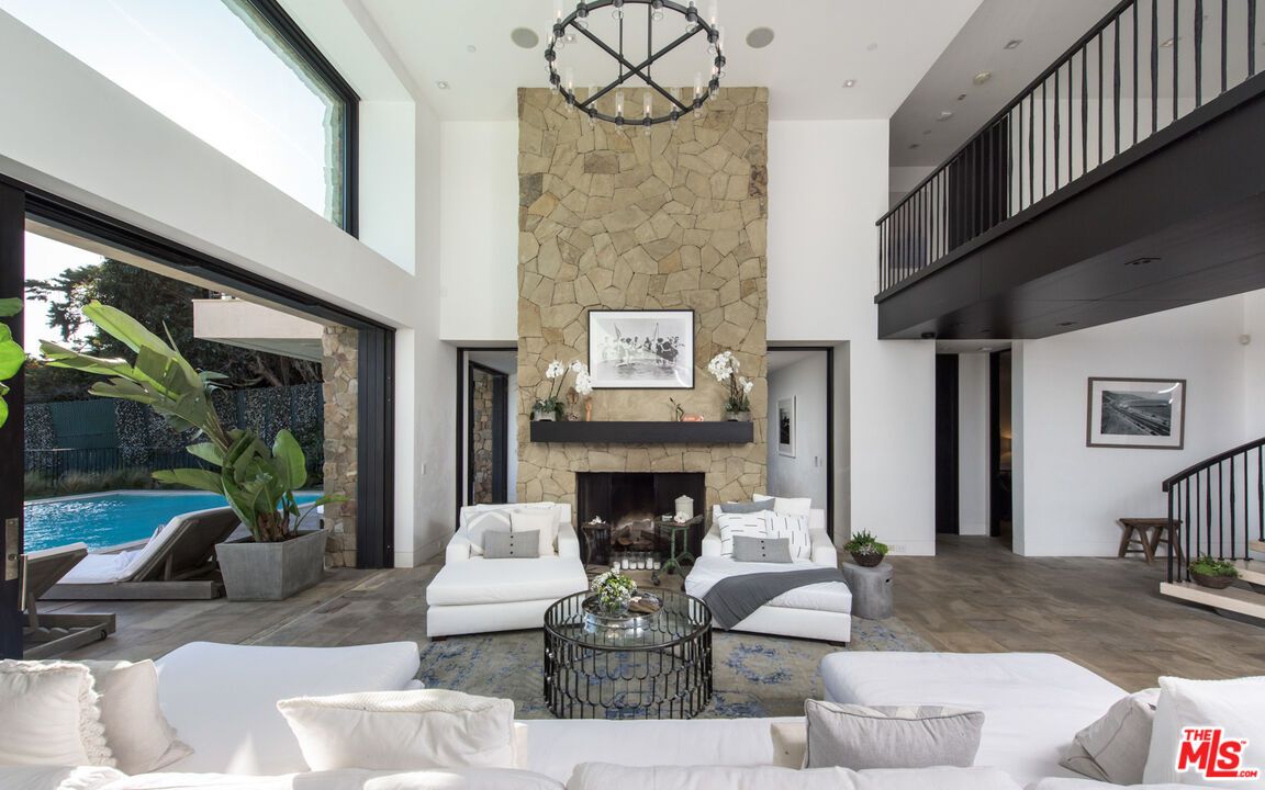 Fireplace, Interior, Living room, Recessed Lighting, Stone Walls