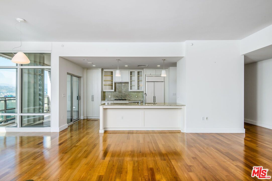 Empty room, Interior, Kitchen, Pendant Lights, Recessed Lighting, Wood Texture Flooring