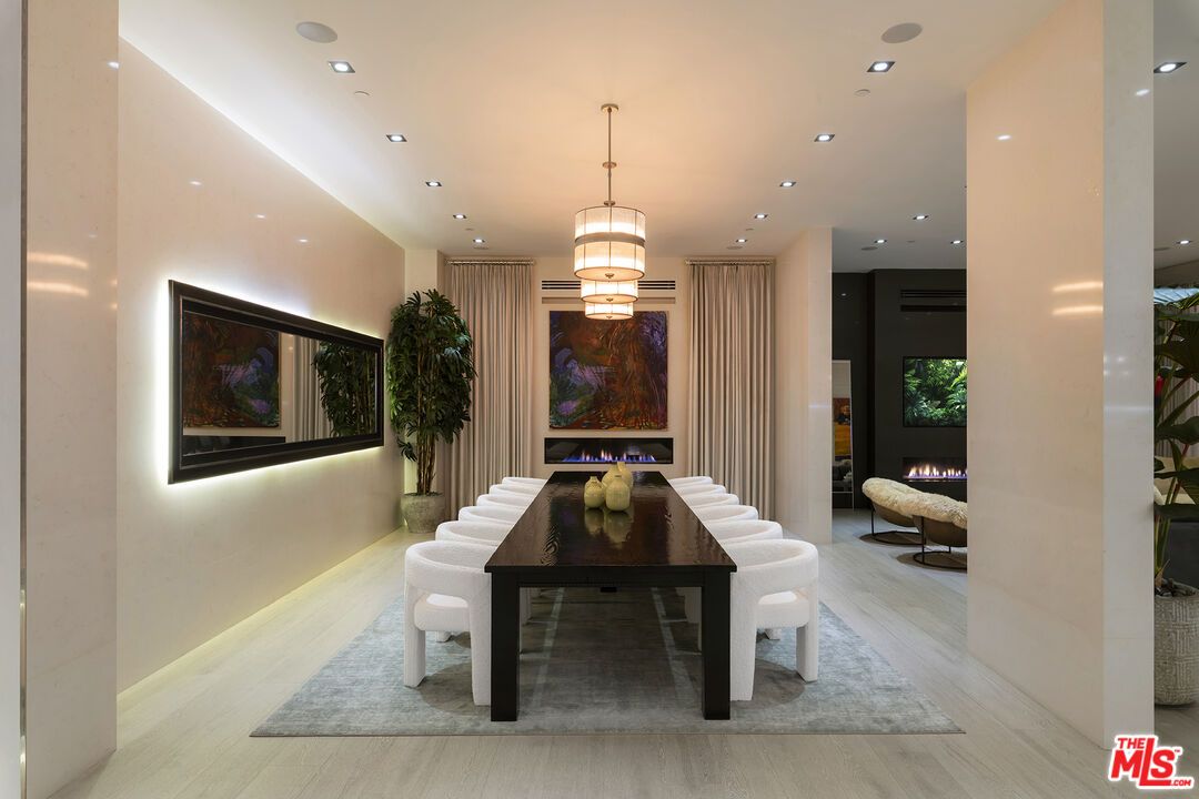 Fireplace, Interior, Pendant Lights, Recessed Lighting, Wood Texture Flooring
