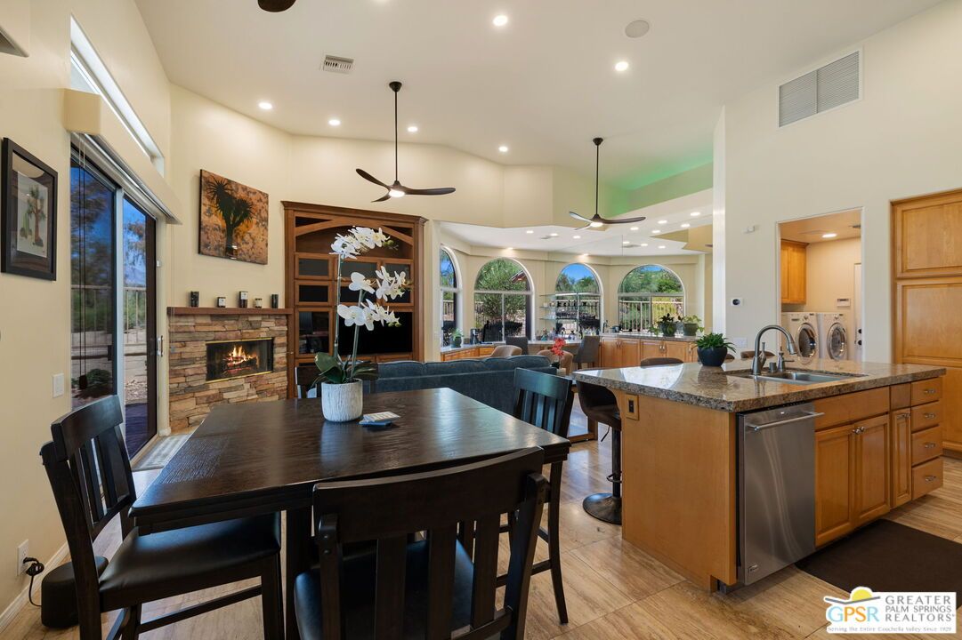 Dining room, Fireplace, Interior, Kitchen, Pendant Lights, Recessed Lighting, Wood Texture Flooring