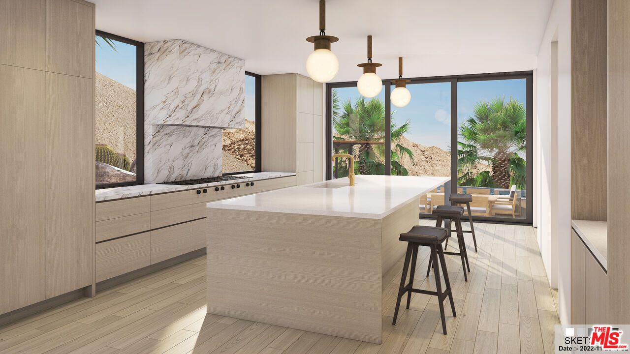 Interior, Kitchen, Marble Walls, Pendant Lights, Stainless Steel Appliances, Wood Texture Flooring