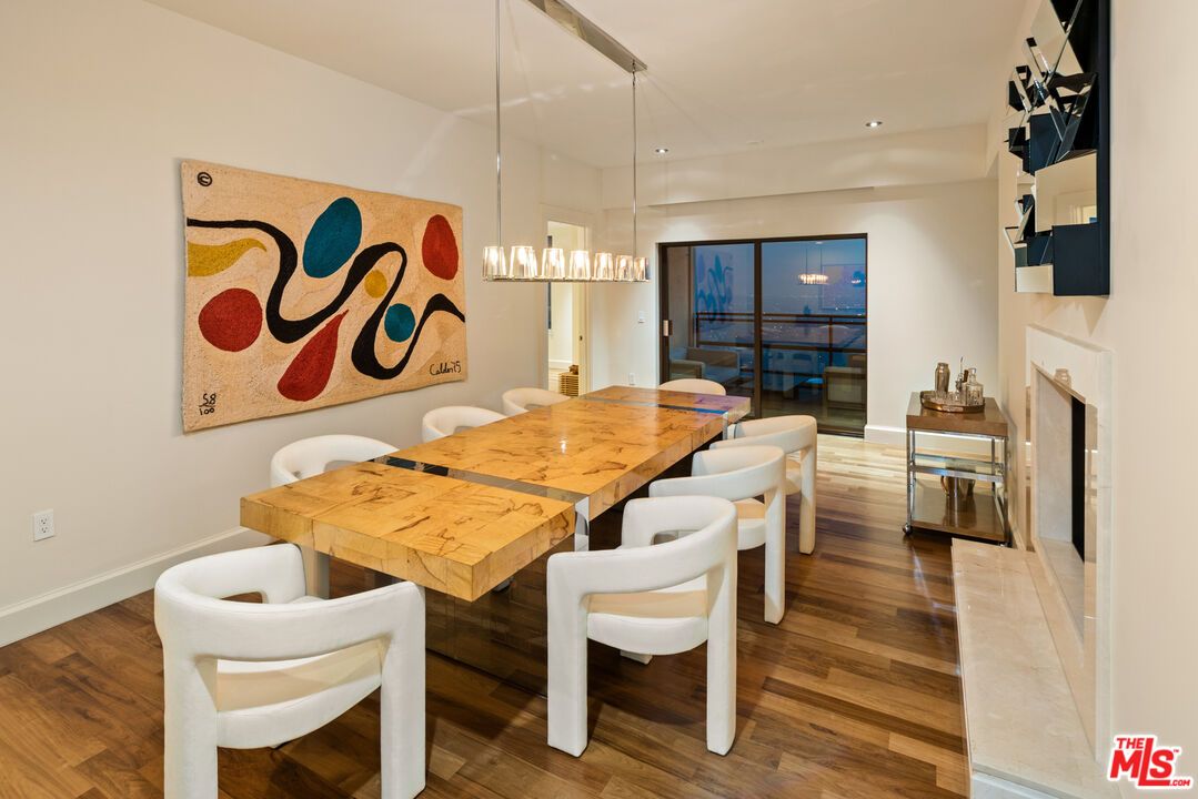 Dining room, Fireplace, Interior, Pendant Lights, Recessed Lighting, Wood Texture Flooring